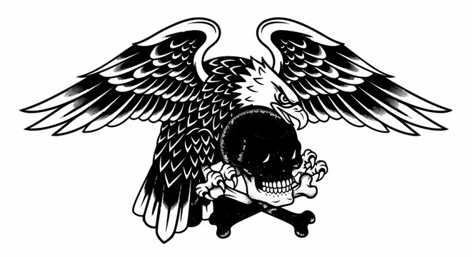 An eagle clutches a skull and crossbones, its wings spread wide
