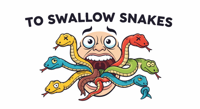 Cartoon mouth filled with snakes, one with Xs for eyes