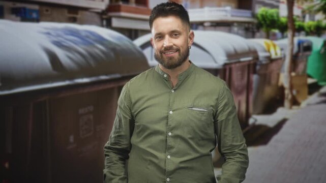 Man with beard pointing fingers to camera on street beside trash bins and dumpsters; confidence warmth.