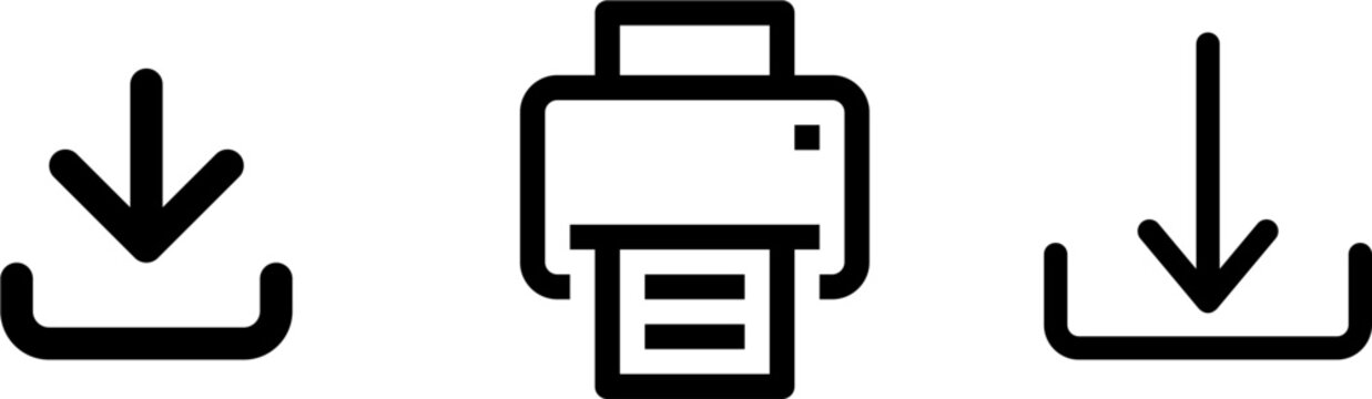 Download and print service icons outline icons set. download, upload arrows, printer device, document output, data transfer, office tools, web interface, ui symbols