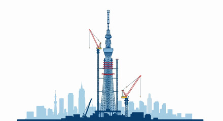 Obraz premium Tower construction in a city with cranes and skyscrapers