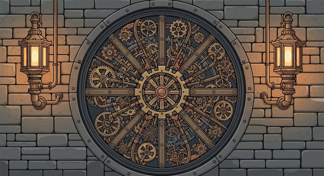 Intricate steampunk clockwork mechanism with ornate gas lamps mounted on a brick wall