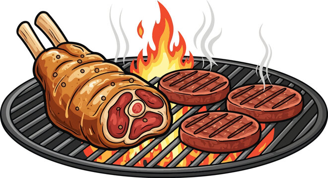 A large piece of meat and three burgers sizzle on a grill with flames beneath
