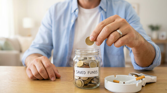 A man and his saved money by quitting cigarettes and smoking