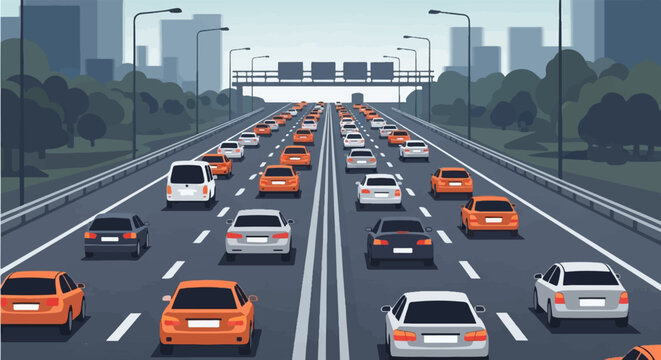 A vast highway clogged with cars, stretching towards distant city skyscrapers