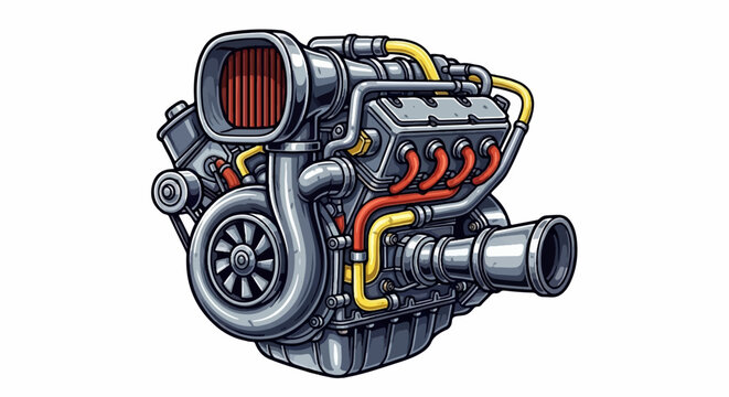 Pixel art of a powerful, stylized engine with turbocharger and air intake