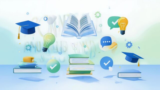 Animated educational icons and books in a minimalist style with an inspirational mood