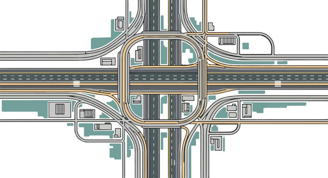 Complex, multi-level highway interchange with overpasses, underpasses, and ramps