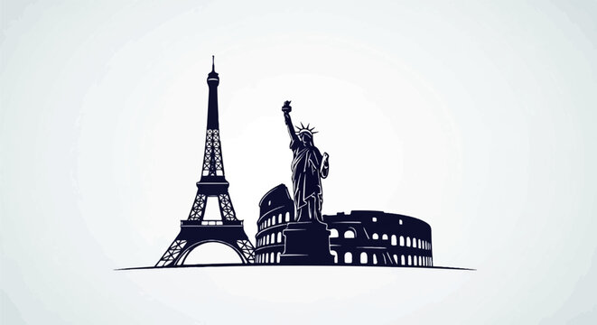 Silhouette of iconic landmarks Eiffel Tower, Statue of Liberty, and Colosseum
