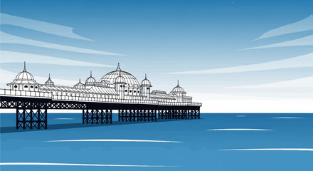 Fototapeta premium A stylized drawing of a grand pier jutting out into the blue ocean under a cloudy sky