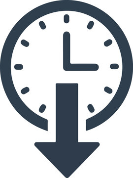 A clock with hands showing an hour and an arrow pointing downwards