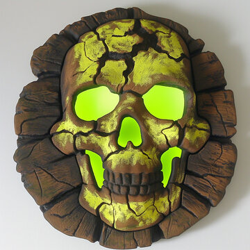 Glowing Stone Skull Avatar, Fantasy Ancient Relic with Green Neon Light for Gaming