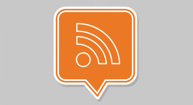 Orange speech bubble icon with white RSS feed symbol against a gray background