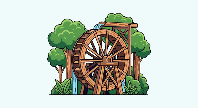 Cartoonish wooden water wheel in a forest setting with lush green trees and flowing water