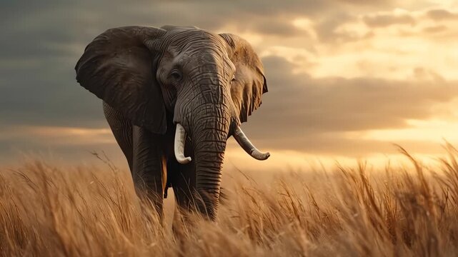 Majestic African Elephant Walking Through Savanna at Sunset