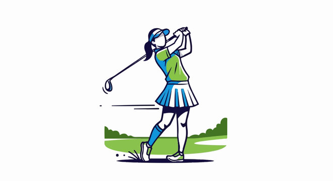 Stylized female golfer in mid-swing on a green course