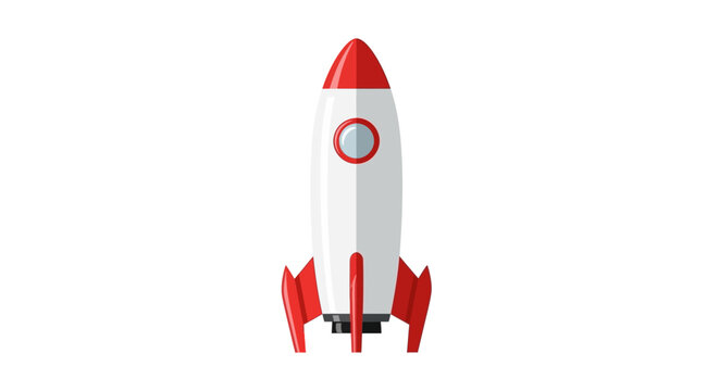 Vector illustration of a retro rocket ship with red fins and nose cone against a white background