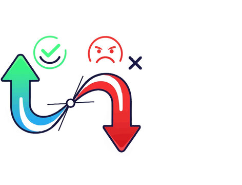 Upward green arrow curves down to red, symbolizing change, with check and cross icons