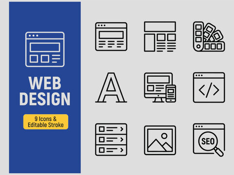 Web design icons set for website development and online business  various symbols for coding and digital marketing tools