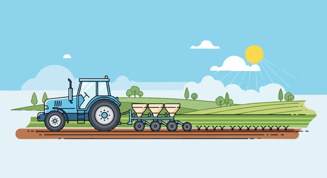 A blue tractor pulls a planter across a field under a sunny sky with clouds