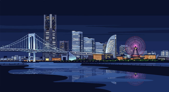 Pixelated nighttime cityscape with illuminated bridge, skyscrapers, and a Ferris wheel reflected in water