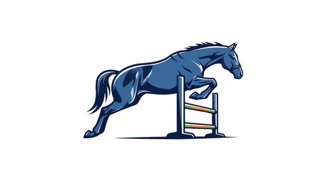 A sleek, dark blue horse mid-air, clearing a colorful equestrian jump