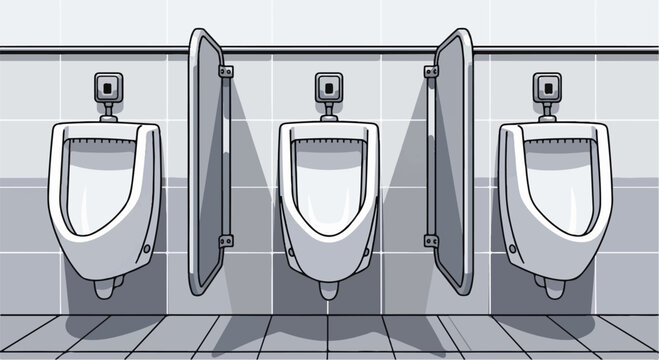 Three white urinals separated by dividers in a tiled public restroom