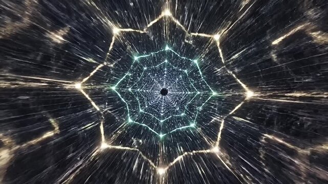 Cosmic Vortex with Geometric Patterns - A visually captivating scene of a cosmic vortex with swirling lines and particles, creating an illusion of depth and motion in space.