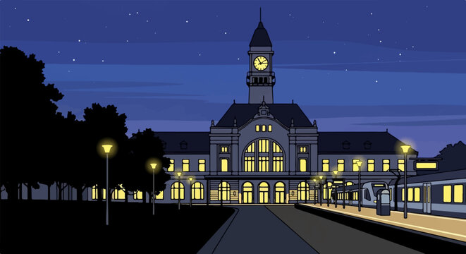 Grand station building with clock tower at night, illuminated by warm lights and a starry sky