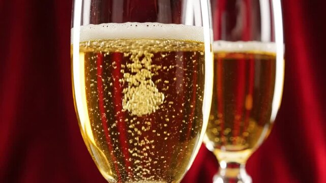 Close-up of champagne flutes filled with sparkling bubbly alcoholic beverage with red background for a celebratory toast