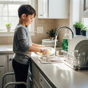 A young boy carefully washes a plate in the kitchen sink, demonstrating responsibility