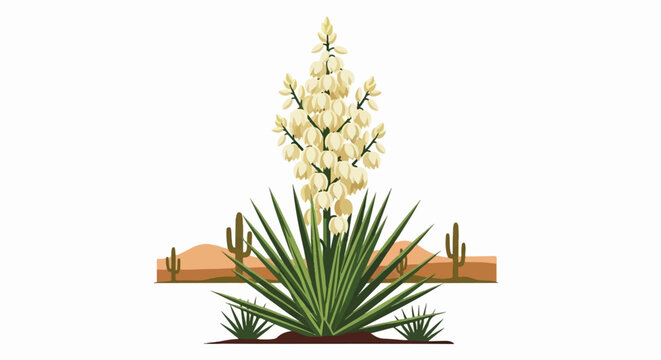A large white yucca flower spikes above spiky green leaves, with cacti and desert hills in the background