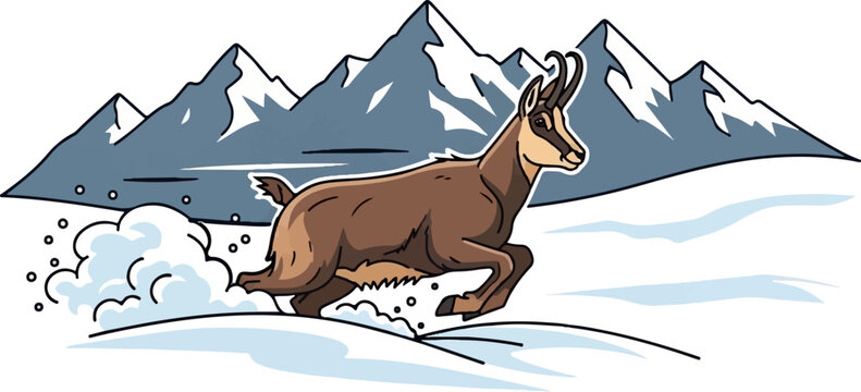 A mountain goat bounds through snow with snowy peaks in the background