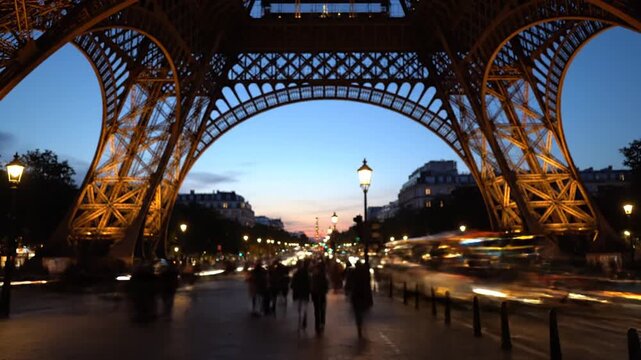 Eiffel Tower arches illuminated at dusk over busy Paris street
