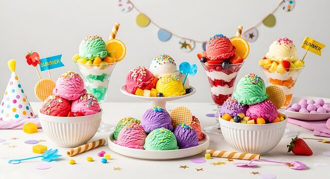 Assorted Colorful Ice Cream Scoops in Bowls with Festive Party Decor