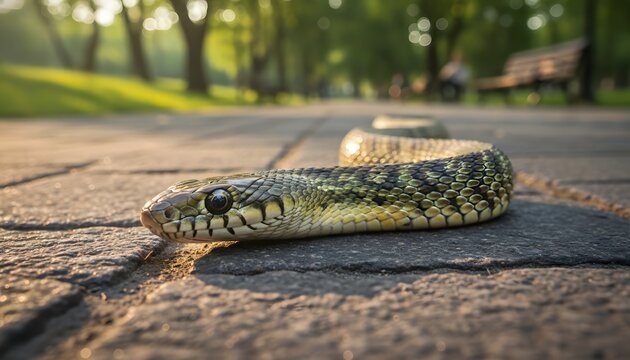 Snake slithering across park path during a golden sunset, representing wildlife in urban environments and nature preservation concept with cinematic lighting and low angle