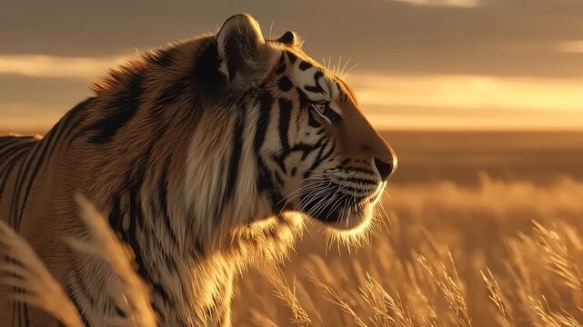 Regal Tiger in Golden Savanna Grass at Sunset