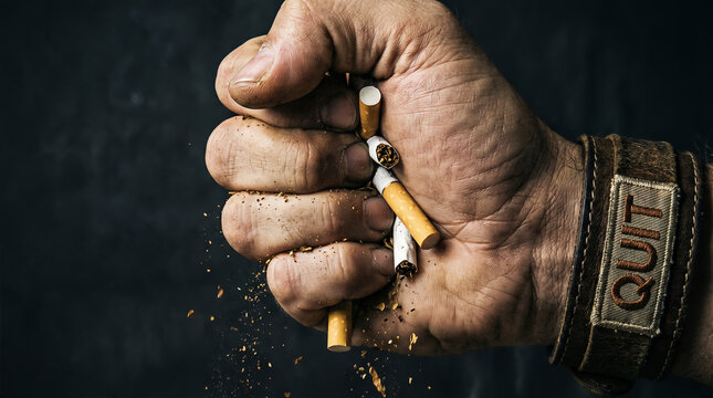 A man's fist clenches cigarettes. The concept of stop smoking.