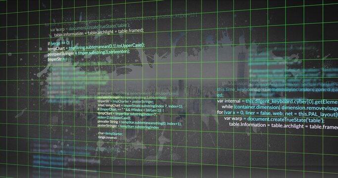 Glowing neon green grid spreading across HUD backdrop, showing floating code panels and cyan glow