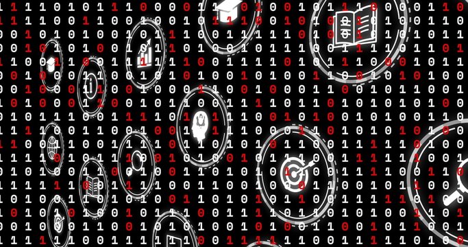 Displaying binary digits shifting on black field, with circular icons for finance learning business