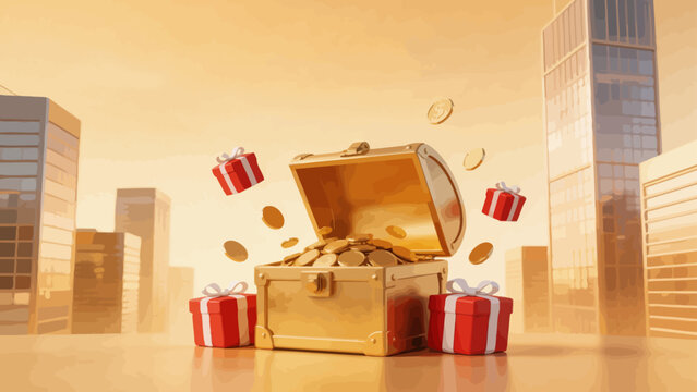 Treasure chest with coins and gifts in city