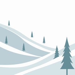 Obraz premium Snowy landscape with pine trees hills.