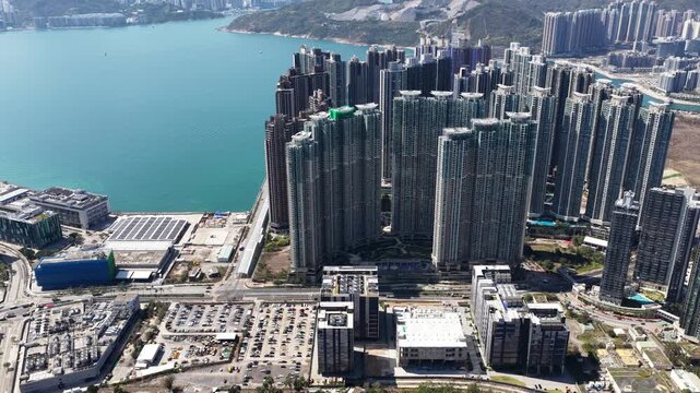 Aerial view of tseung kwan o skyscrapers and urban development in hong kong