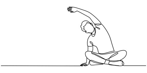 Continuous line drawing of a man sitting cross-legged and performing a side stretch exercise © Graphics Art