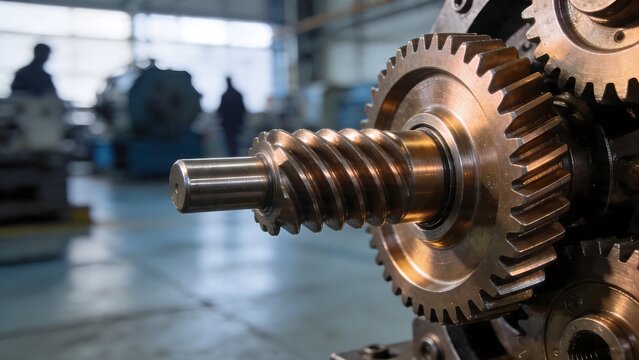 Industrial metal worm gear set assembled inside a heavy duty machine mechanism for powerful mechanical torque transmission and rotary motion