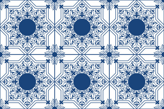 Square ceramic tiles with beautiful Delft blue white floral seamless pattern. Vintage traditional majolica, Spanish Talavera, Barcelona ceramic. Tile, porcelain, ceramic, architecture, pottery.