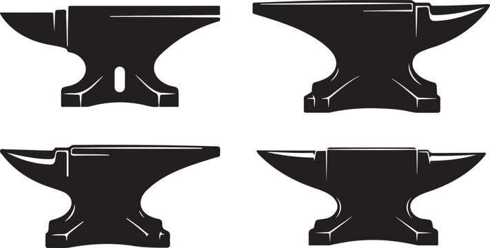 Two black anvil illustrations with distinct shapes on transparent background silhouette.Black anvil vector illustration.
