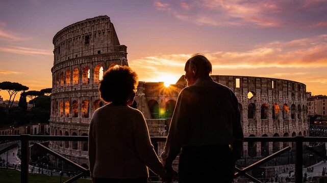Elderly couple watching sunset over Colosseum in Rome