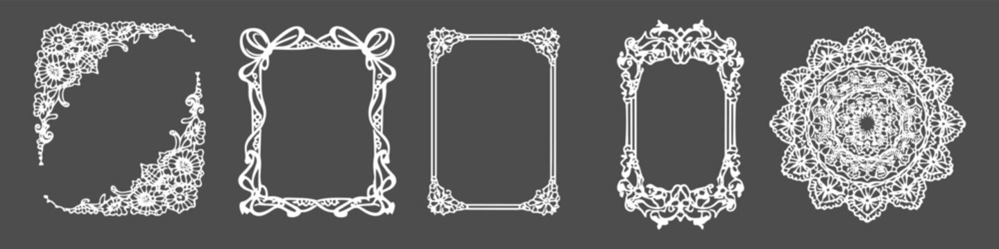 Set of ornate white lace frames and floral corner decorations in vintage style on dark background. Elegant decorative elements ideal for wedding invitations, cards, and luxury branding designs