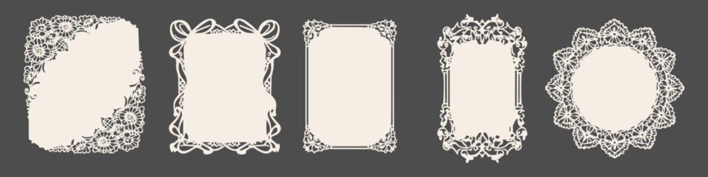 Set of beige lace frames and floral corner ornaments with filled centers in vintage style on dark background. Elegant decorative elements for wedding invitations, cards, and branding layouts